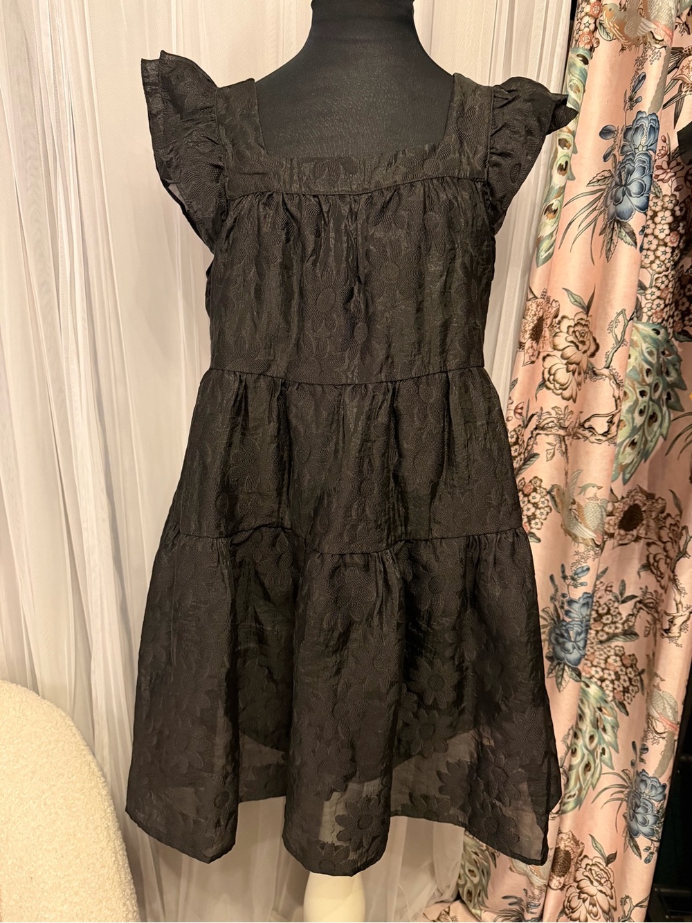 entro Black Floral Jacquard Tiered Mini Dress